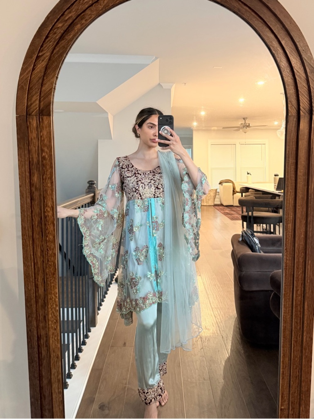 Embroidered Blue Green & Gold Formal Salwar Kameez - Indian & Pakistani Festive